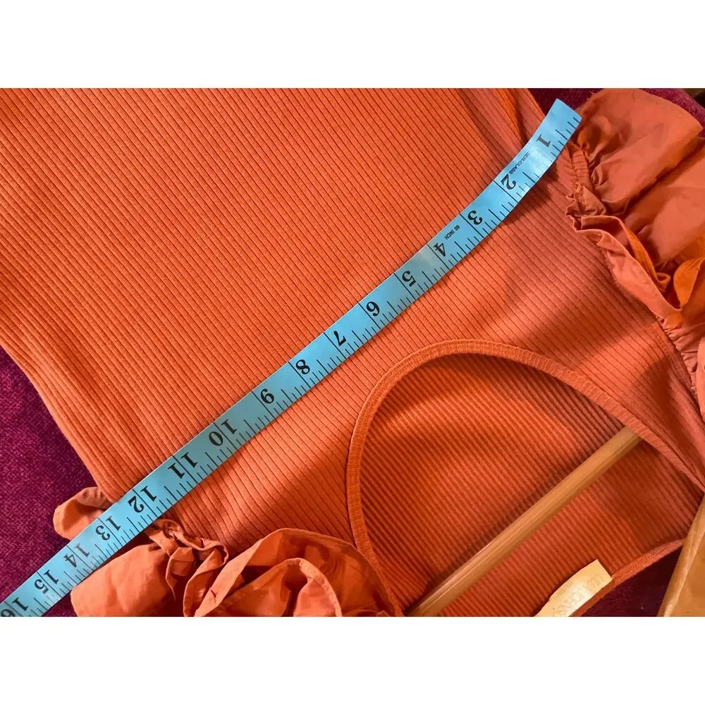 ULLA JOHNSON Koa Ruffle Sleeve Rib Top FEMININE CASUAL Size Small S Terracotta